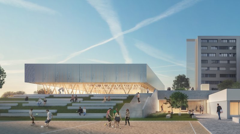 Aussenansicht der neuen Ballspielhalle HTL Hollabrunn